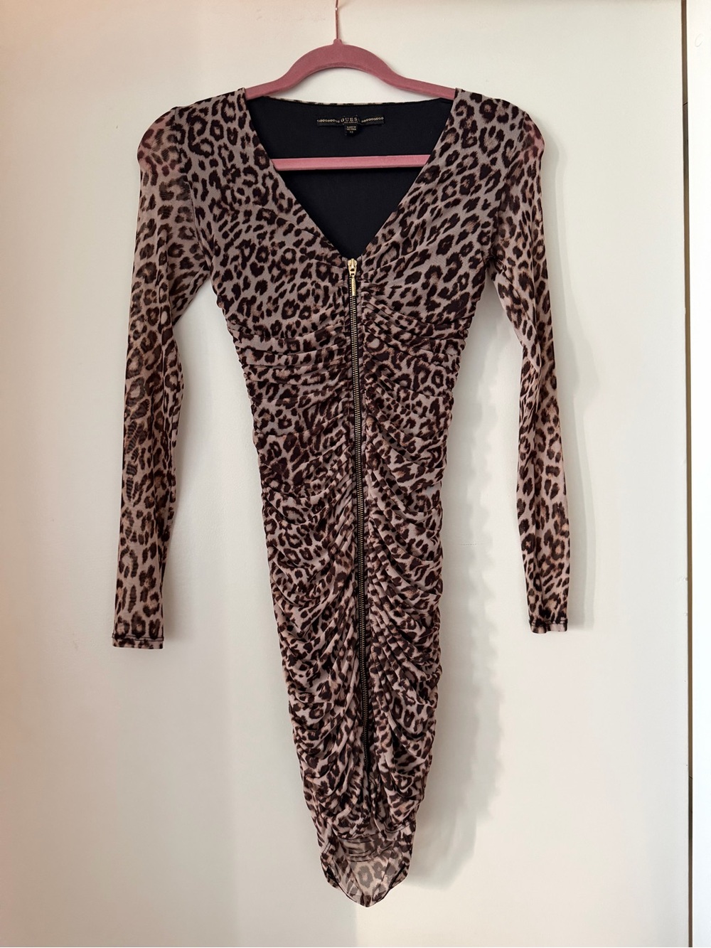Leopard Print Ruched Long-Sleeve Dress - Guess